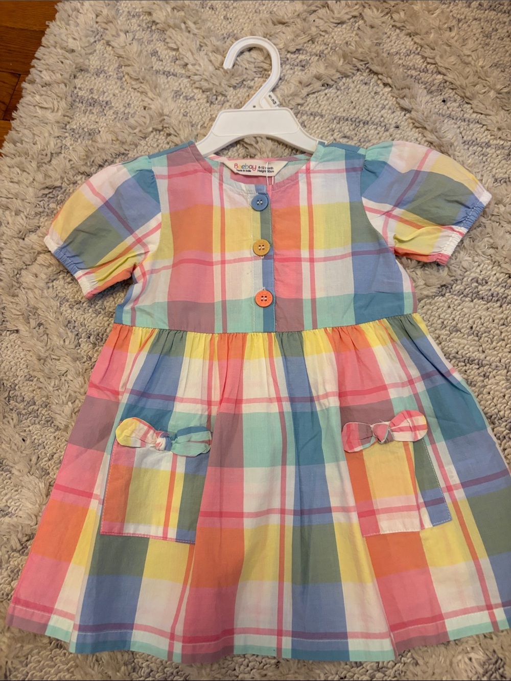 Multicolor Pastel Plaid Short Sleeve Kids Dress with Pocket Bows